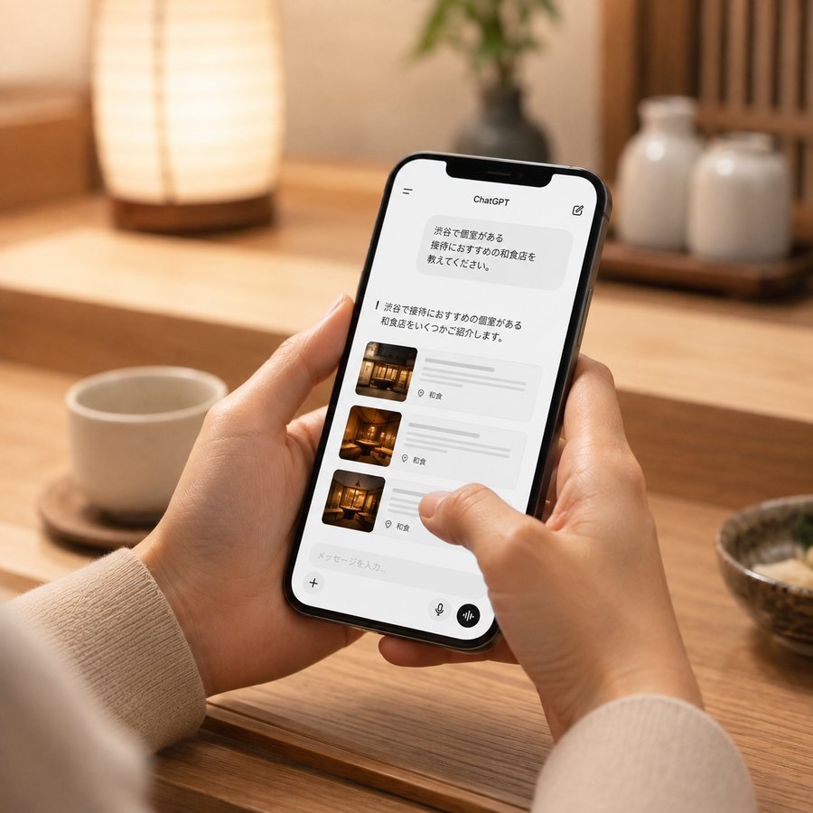 和食店のカウンターで、スマートフォンのAIチャットに「渋谷で個室がある接待におすすめの和食店を教えてください」と尋ね、AIが店舗を提案している場面