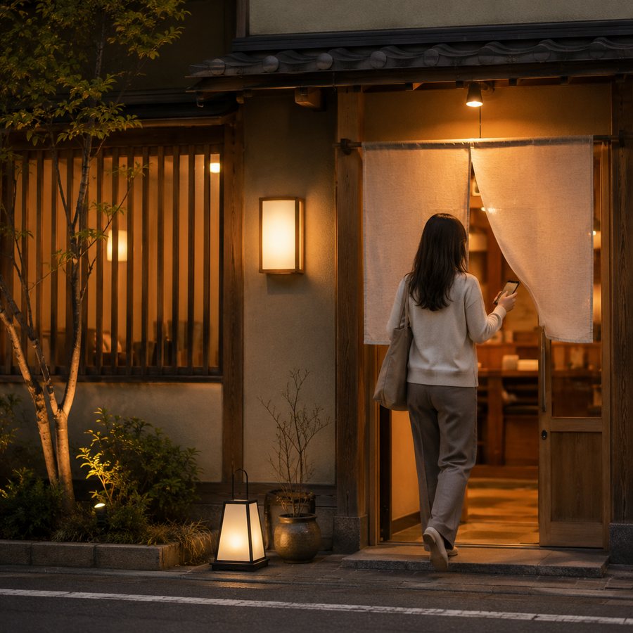 夕暮れの和食店の入口で、スマートフォンを手にした人が暖簾をくぐって店内に入っていく場面